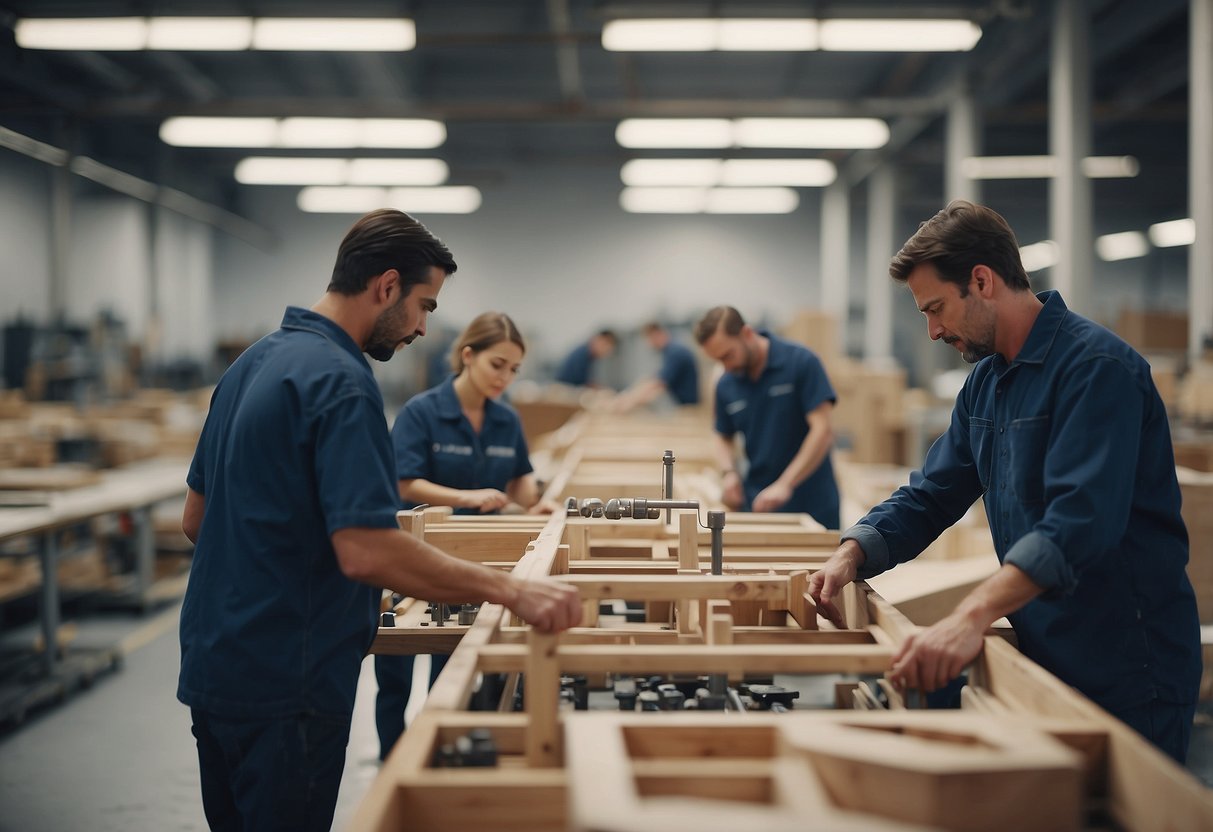 A bustling factory floor with workers assembling furniture pieces, while a sign prominently displays "Frequently Asked Questions" for customers