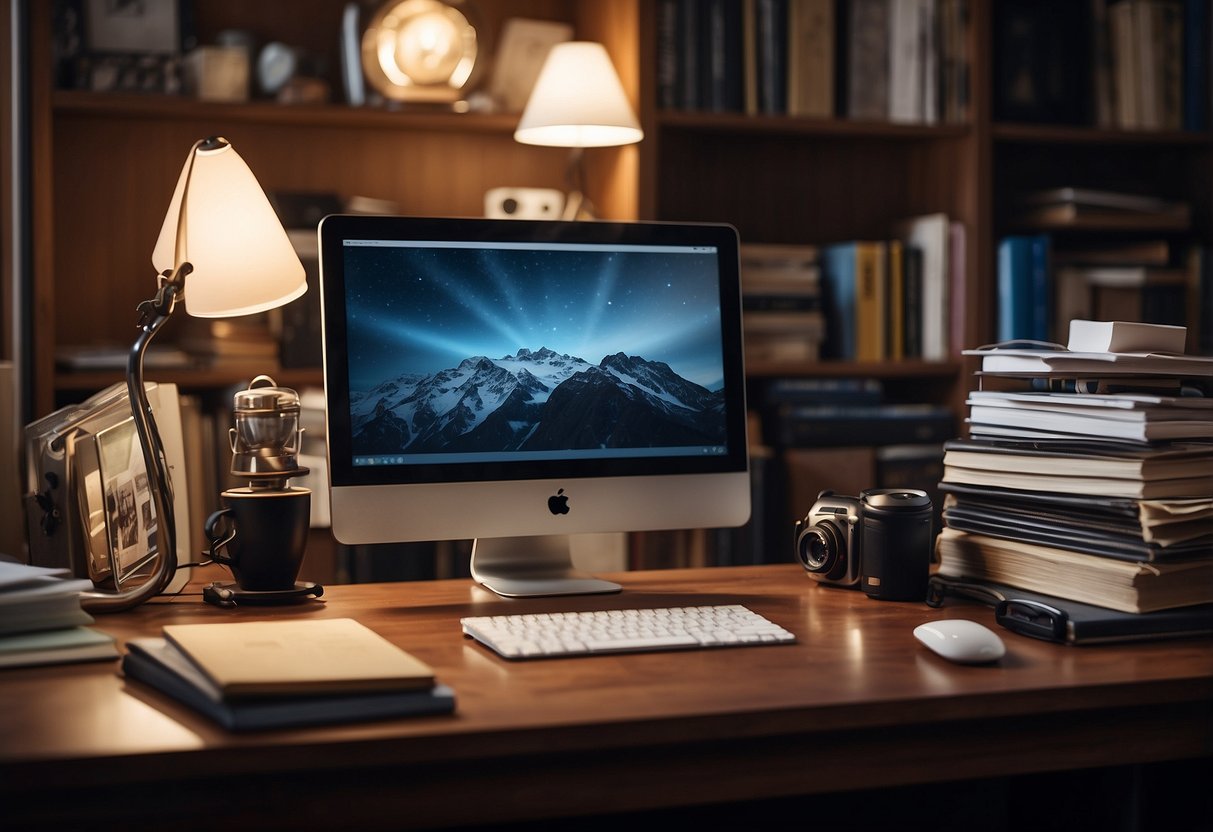A cluttered desk with a computer, lamp, papers, and pens. A bookshelf and picture frames in the background