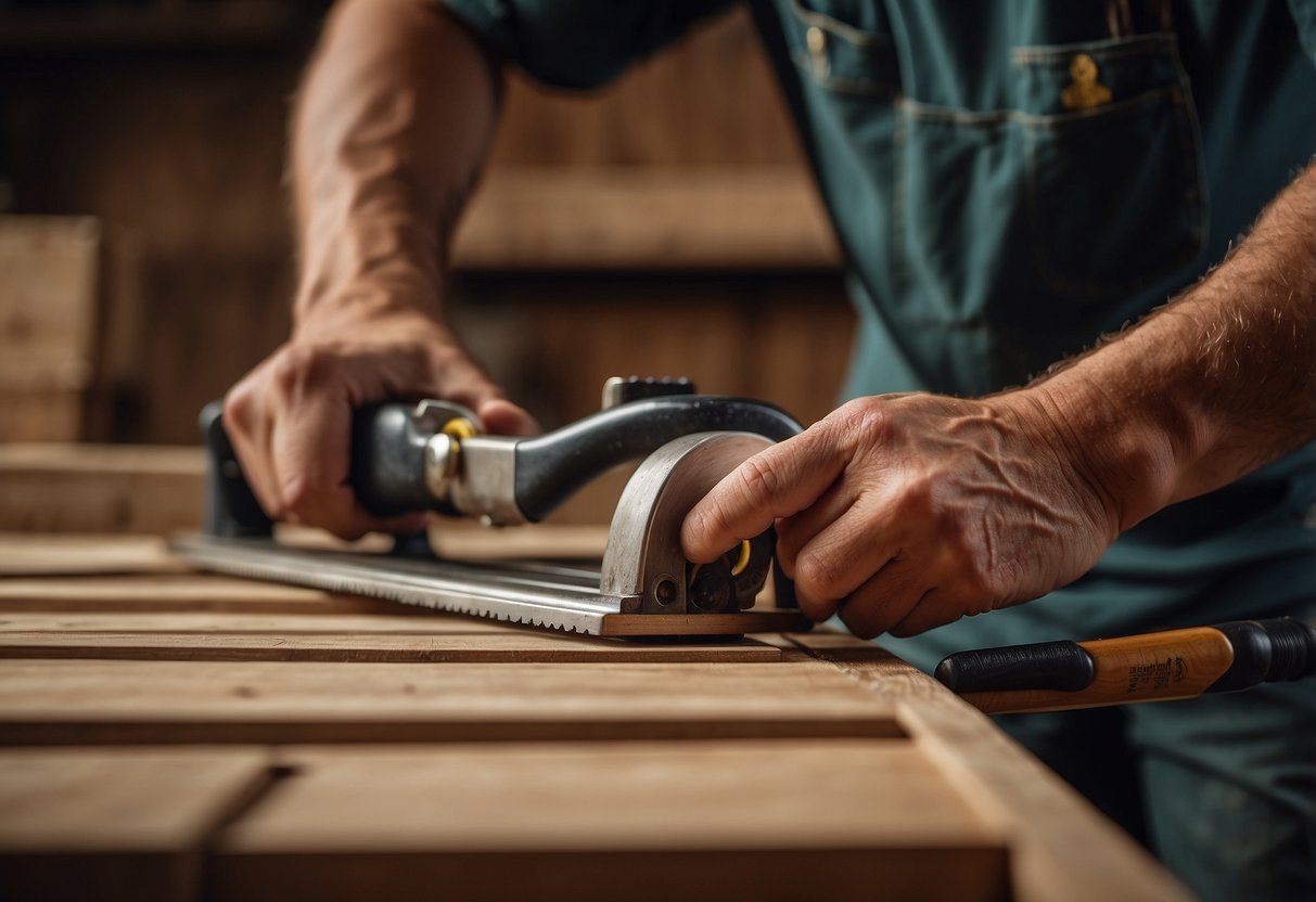 A carpenter measures and cuts oak and teak wood for furniture, showcasing their durability and rich color variations