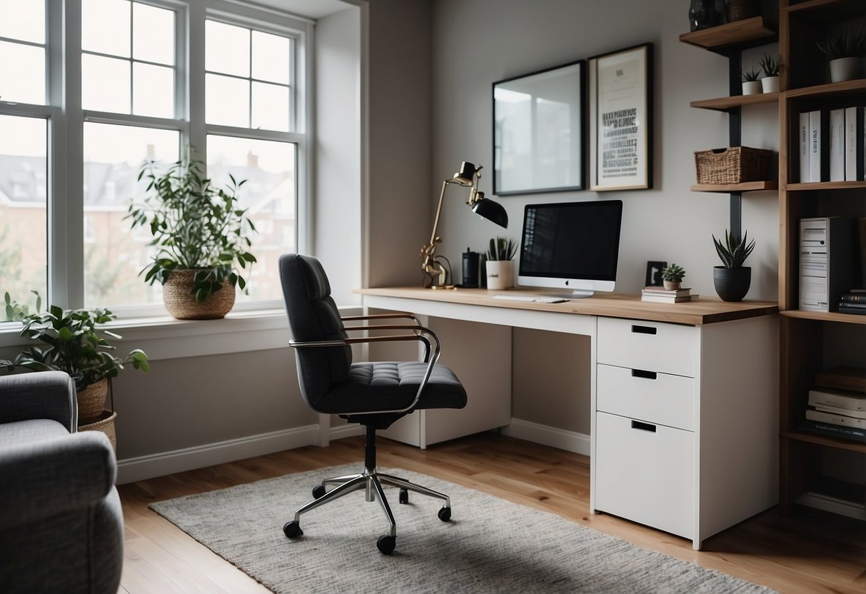 A sleek, modern desk with a comfortable chair, organized shelves, and a large window for natural light in a cozy home office