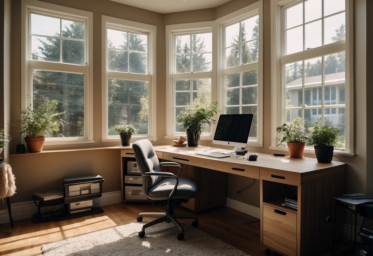 A cozy home office with a sleek, modern desk, ergonomic chair, and organized shelves, bathed in natural light from a large window