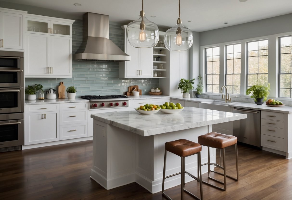 A modern kitchen with sleek, white cabinets and stainless steel appliances. A large island with a marble countertop sits in the center, surrounded by barstools. Glass pendant lights hang above