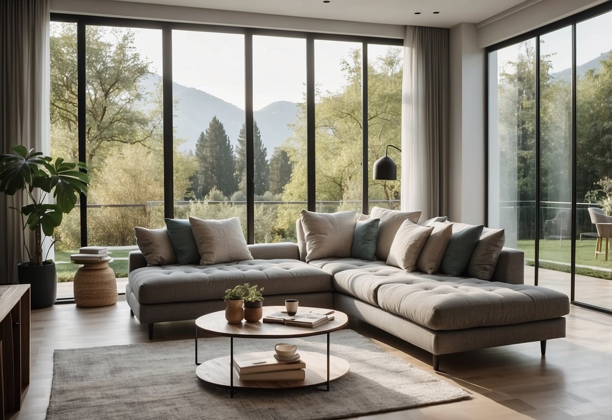 A bright, modern living room with sleek Kelebek furniture and large windows overlooking a lush garden