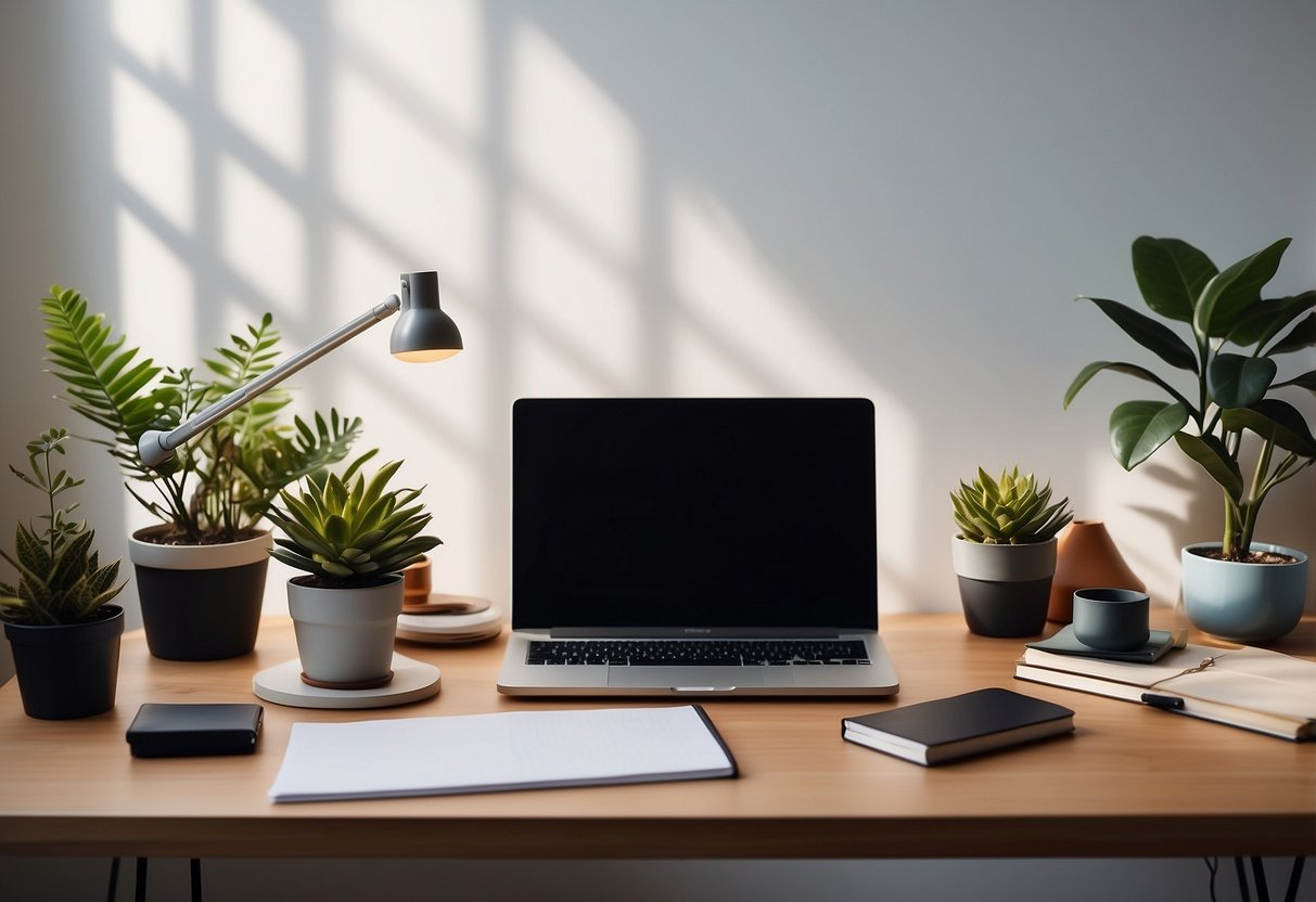 A clutter-free desk with a sleek lamp, potted plant, and organized stationery set against a clean backdrop