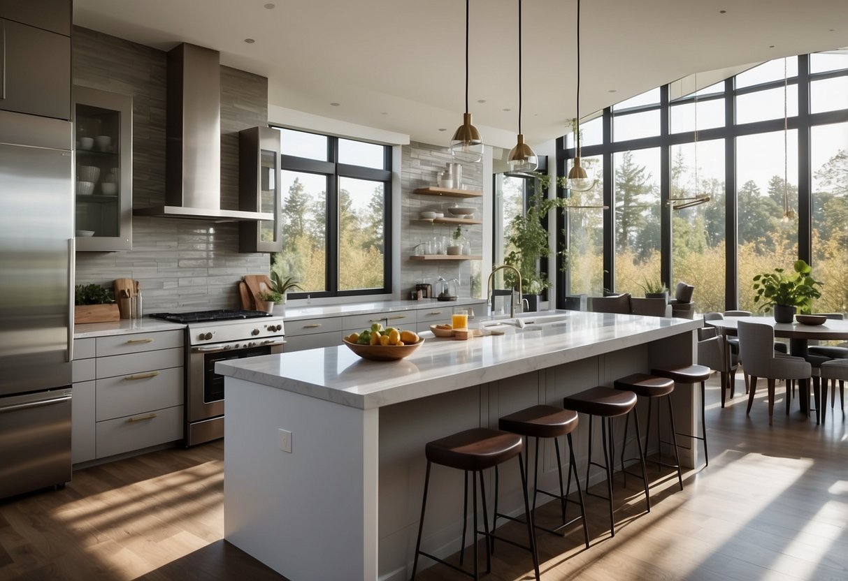 A modern kitchen with sleek cabinets, a spacious island, and stainless steel appliances. Bright, natural light floods the room through large windows