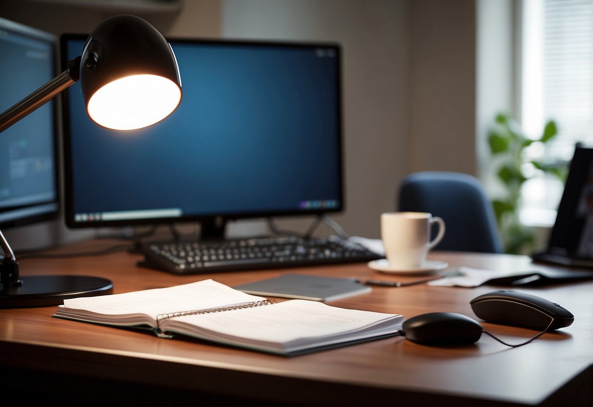 A home office desk with a computer, a phone, and a stack of papers. A comfortable chair and a desk lamp are also present