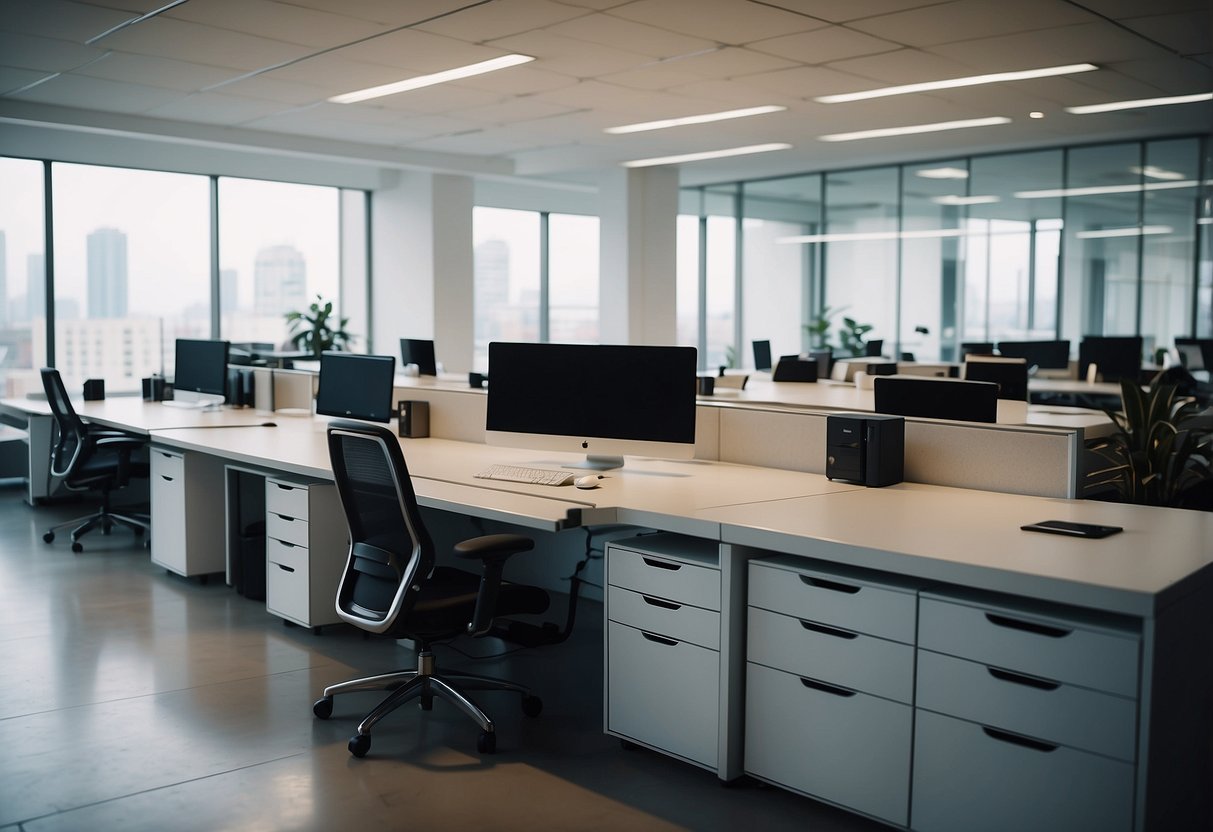 An office space with modern, ergonomic furniture being rearranged for functionality and aesthetics