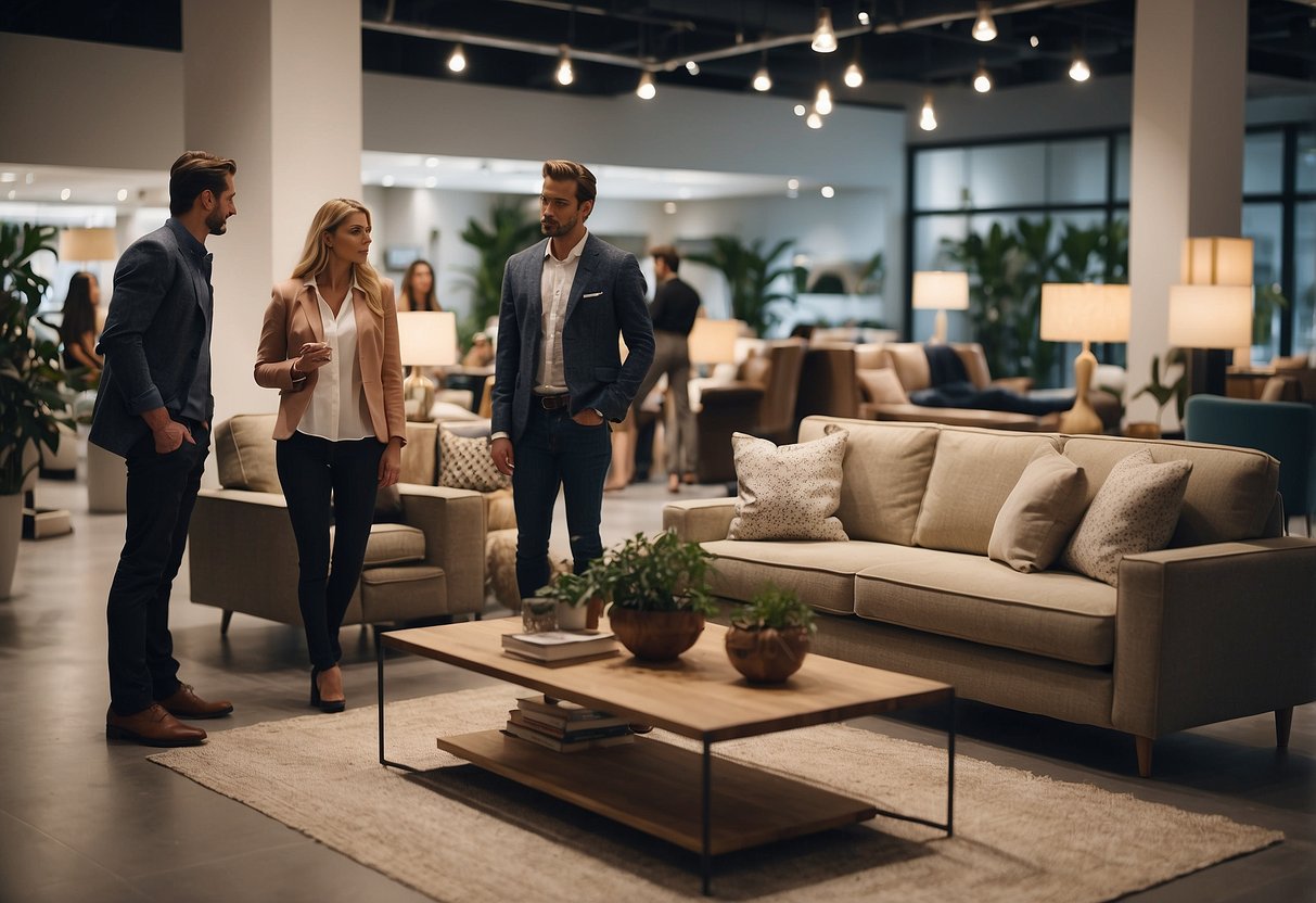 A group of people browsing through a showroom filled with modern and stylish furniture. A sign above reads "Frequently Asked Questions kelebek furniture."