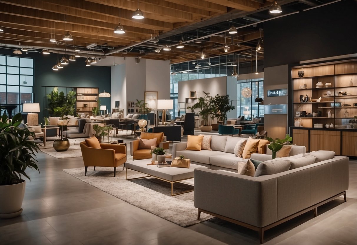 A bustling furniture hub with modern designs, bright lighting, and sleek displays. Customers browse through the stylish pieces, while staff assist with inquiries
