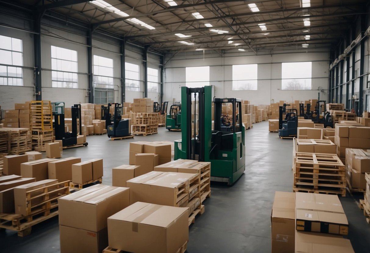A bustling warehouse filled with rows of modern furniture, bathed in natural light from large windows. Machinery hums as workers move pallets of goods, creating a lively atmosphere