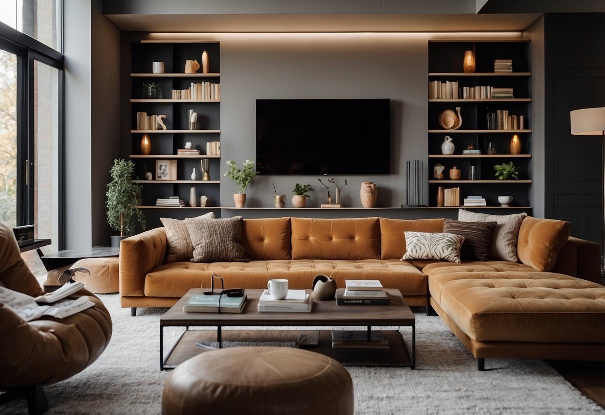 A room filled with modern, sleek furniture in various colors and styles. A large sofa, coffee table, and bookshelves create a cozy, inviting atmosphere