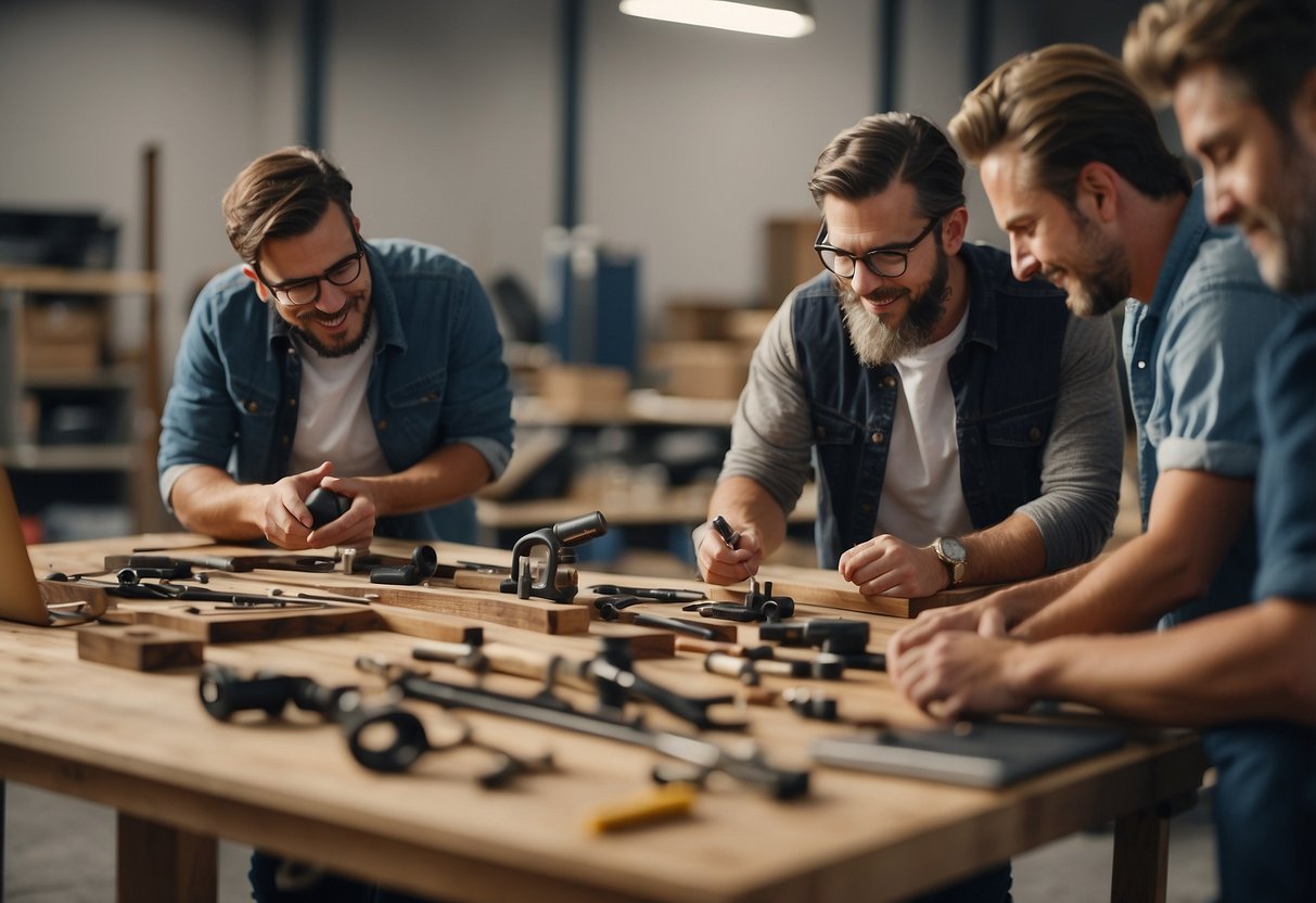 A group of people reworking furniture, using tools and discussing