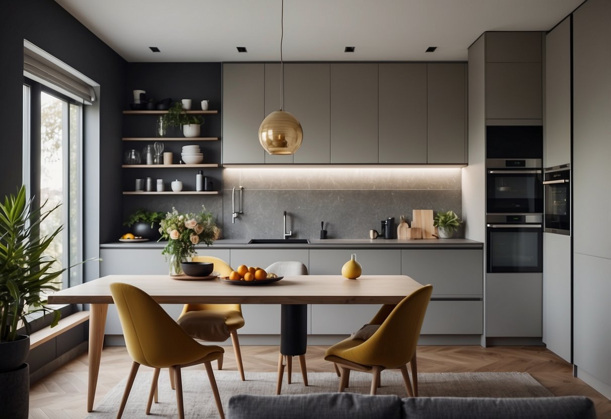 A modern kitchen with sleek, minimalist furniture in neutral tones, accented with pops of bold color and geometric patterns