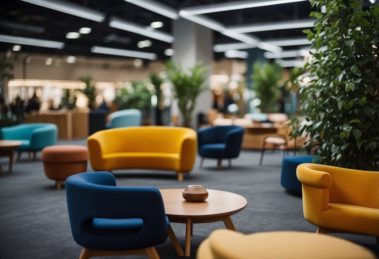 A bustling furniture hub with diverse designs and materials, showcasing innovation and growth. Vibrant colors and modern structures fill the space, creating an atmosphere of creativity and progress