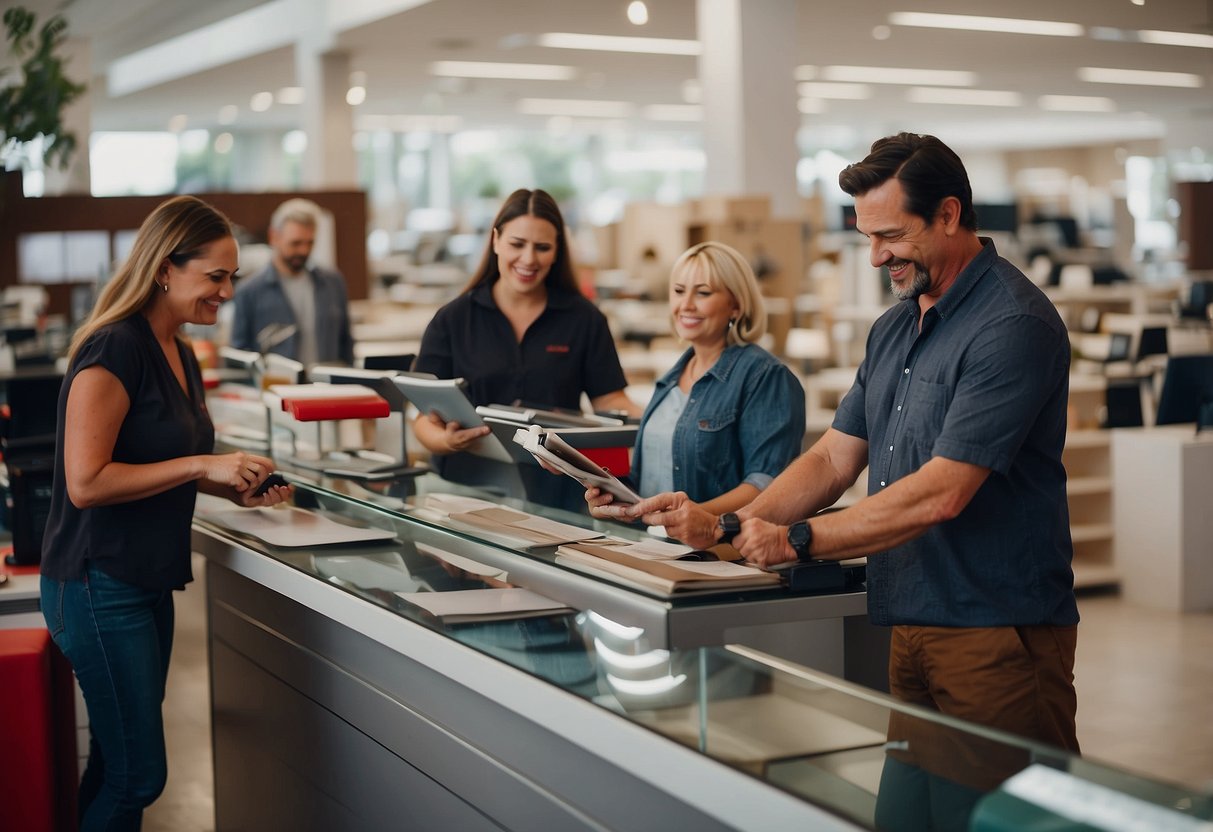Customers browse redwave furniture, effortlessly finding items. Smooth transactions at checkout. Happy faces leave the store