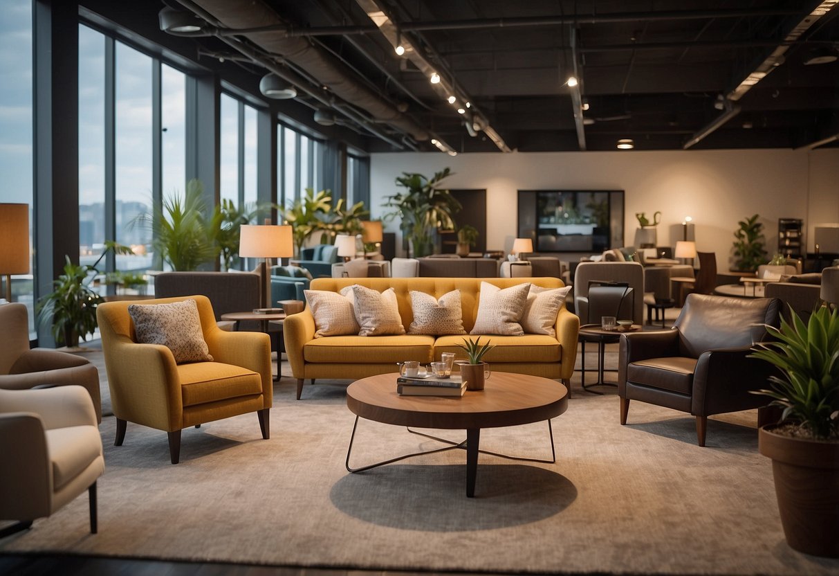 A room with various furniture options displayed, including chairs, tables, and sofas. A sign with "Key Considerations for Furniture Purchase" is prominently displayed
