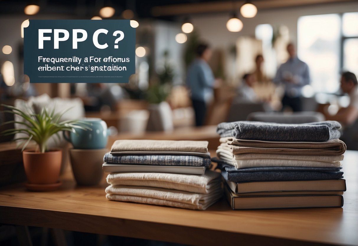 A stack of furniture items with a "Frequently Asked Questions" banner on top, surrounded by curious customers and a helpful salesperson