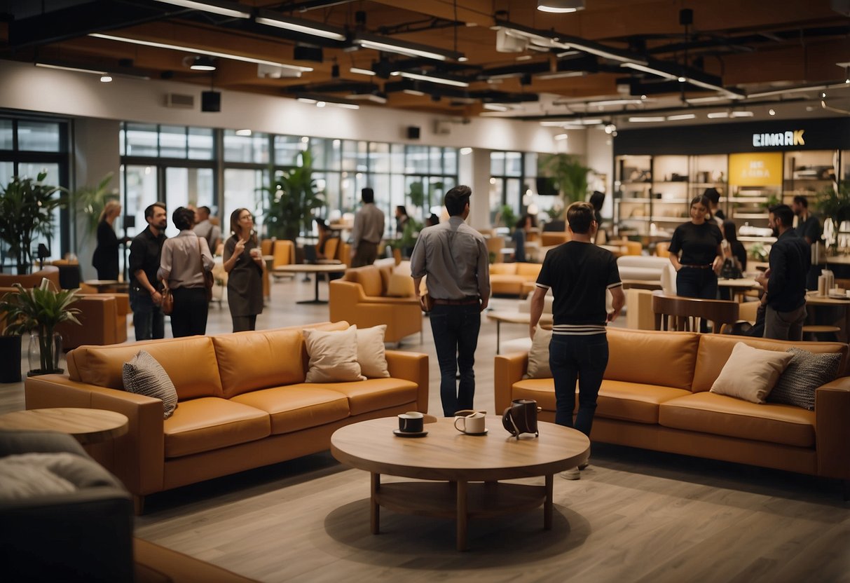 A bustling furniture hub with people browsing, asking questions, and staff assisting. Signs display "Frequently Asked Questions" in multiple languages