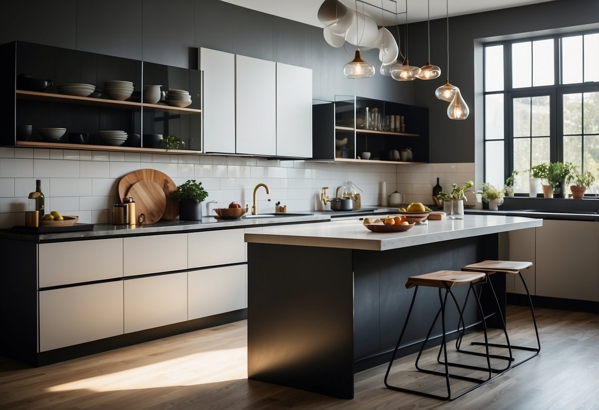 A modern kitchen with sleek, minimalist furniture and clean lines. Bright, natural light floods the space, highlighting the elegant design