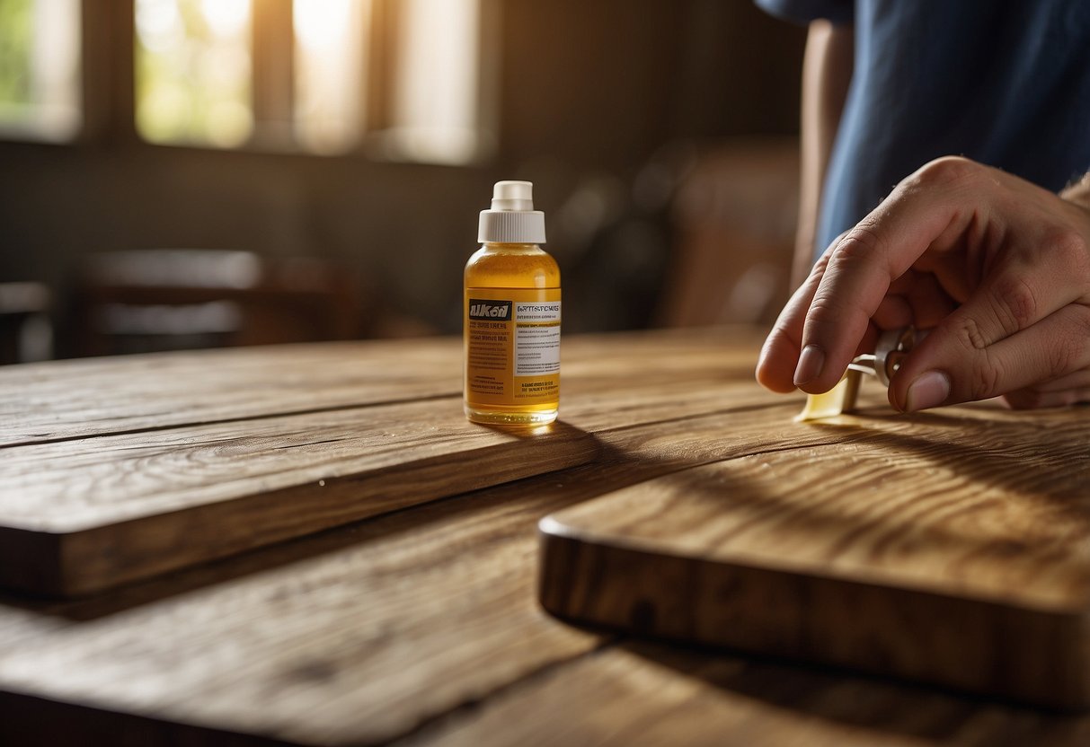 A wooden table with visible scratches. A person applying wood filler and sanding the surface. A bottle of furniture polish nearby