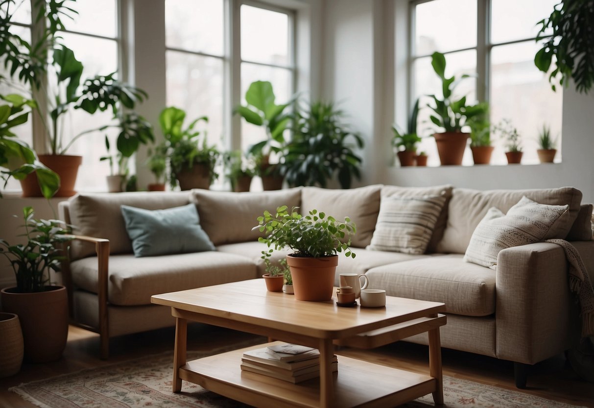 A cozy sofa sits in a well-lit living room, surrounded by a coffee table, rug, and potted plants