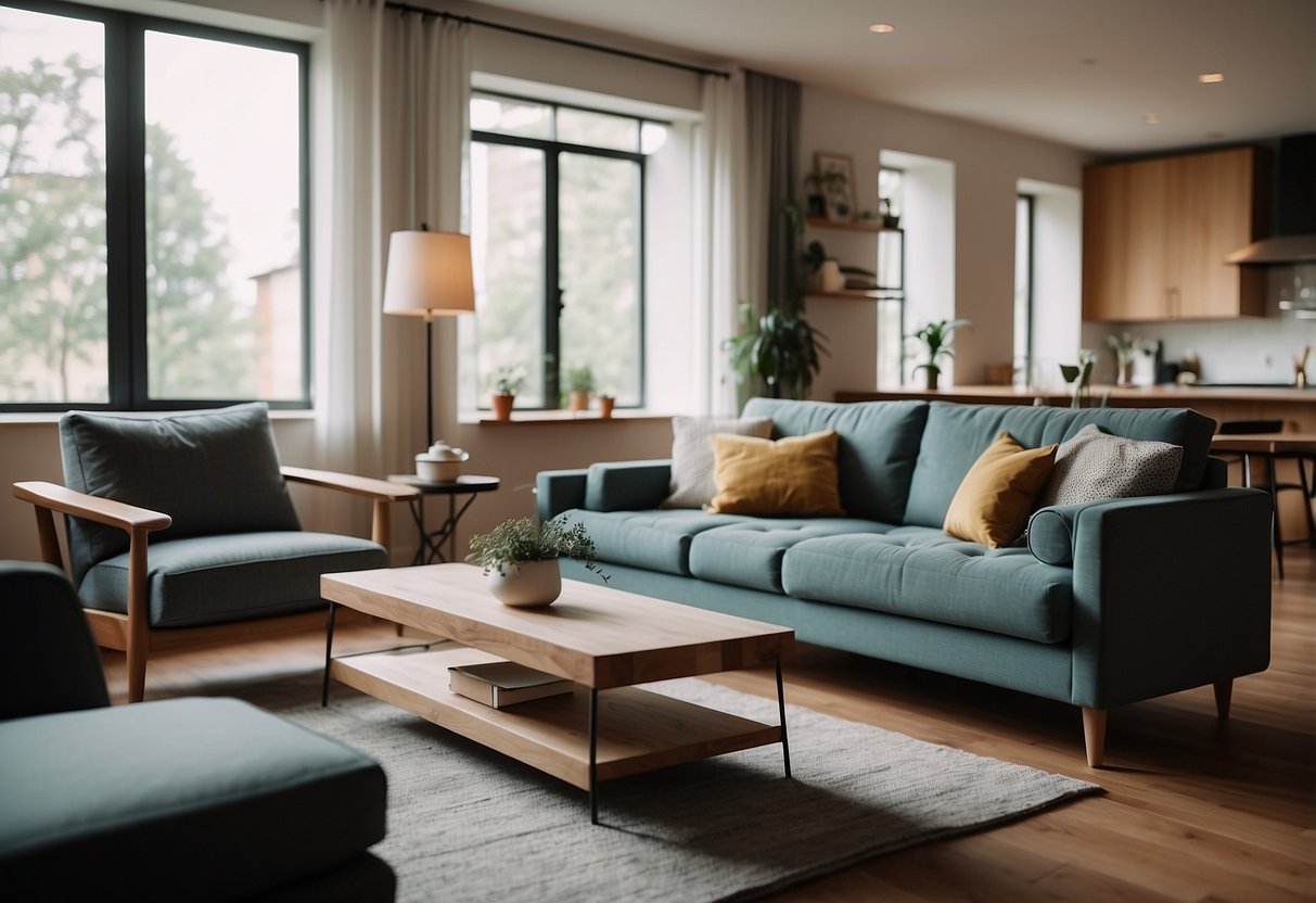 A room with rented furniture for a day, including a sofa, coffee table, and lamps, creating a cozy and inviting atmosphere