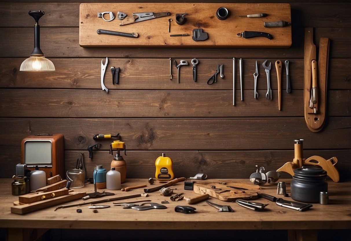 A wooden table with visible scratches and dents, surrounded by a variety of furniture repair tools and materials