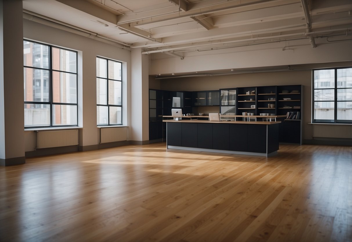 A room with empty walls and floors, a variety of furniture options displayed for rent, with price tags and contact information visible