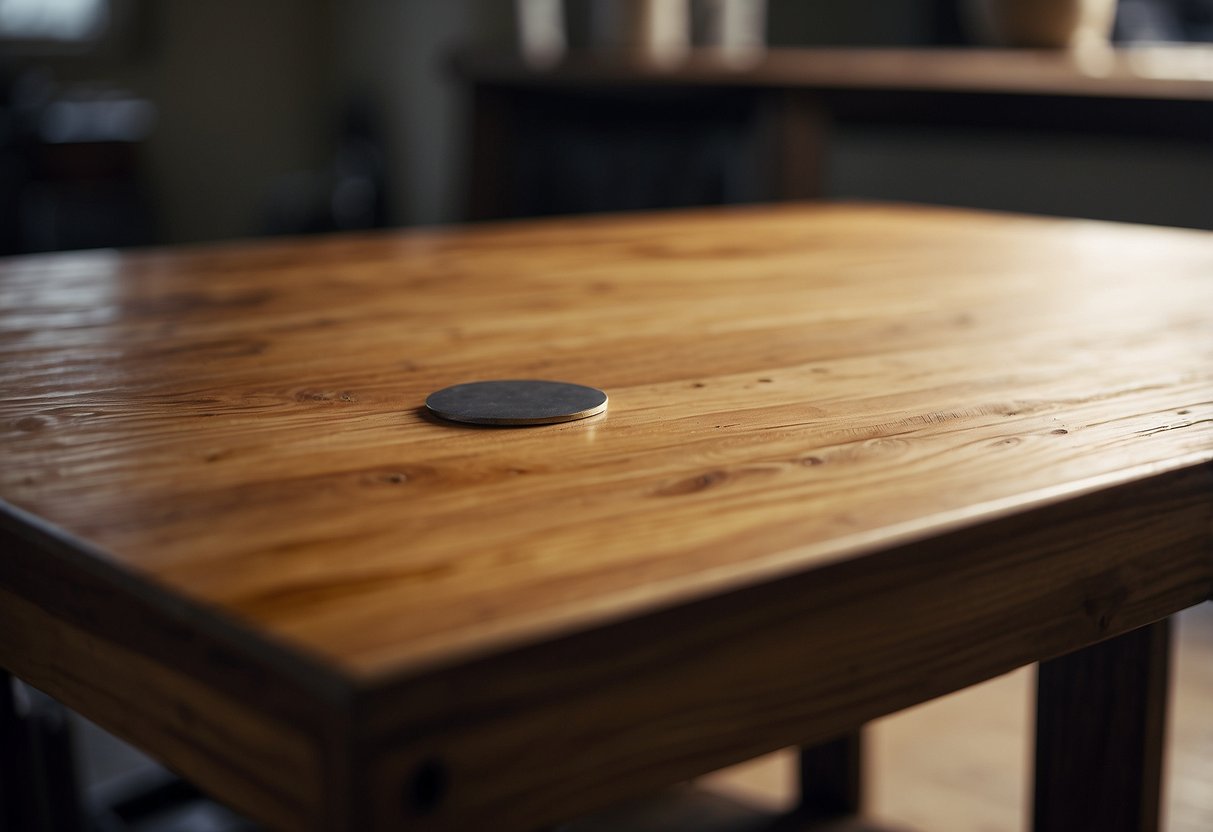 A wooden table with a visible scratch being repaired using wood filler and sandpaper
