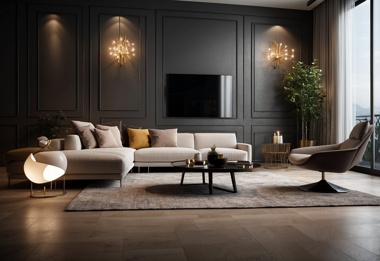 A living room with a modern sofa, positioned to maximize space and comfort, with coordinating decor and lighting