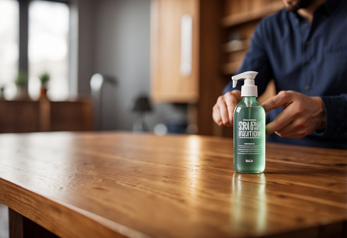 A hand holding a bottle of furniture scratch repair solution, with a scratched wooden table in the background