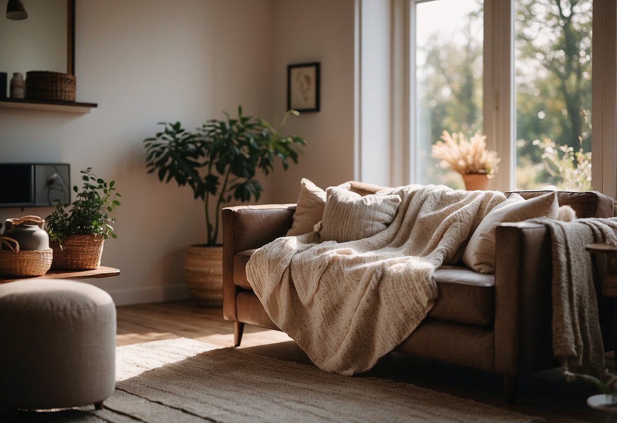 A cozy living room with a well-maintained sofa, adorned with throw pillows and a soft blanket, bathed in warm natural light from a nearby window
