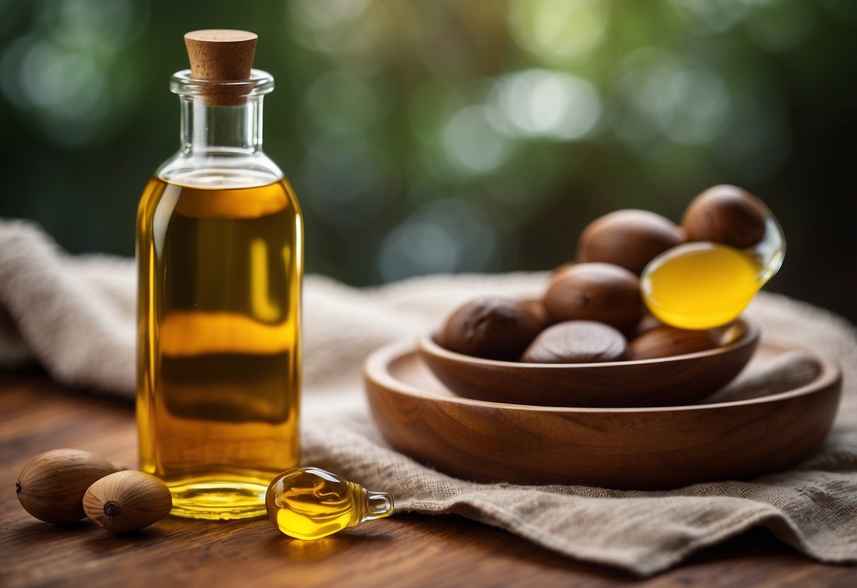 A bottle of teak oil sits next to a soft cloth on a wooden table. A teak chair gleams with a fresh coat of oil
