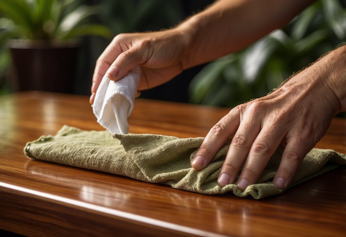 A person gently wipes teak furniture with a soft cloth and teak oil, restoring its natural shine and protecting it from the elements