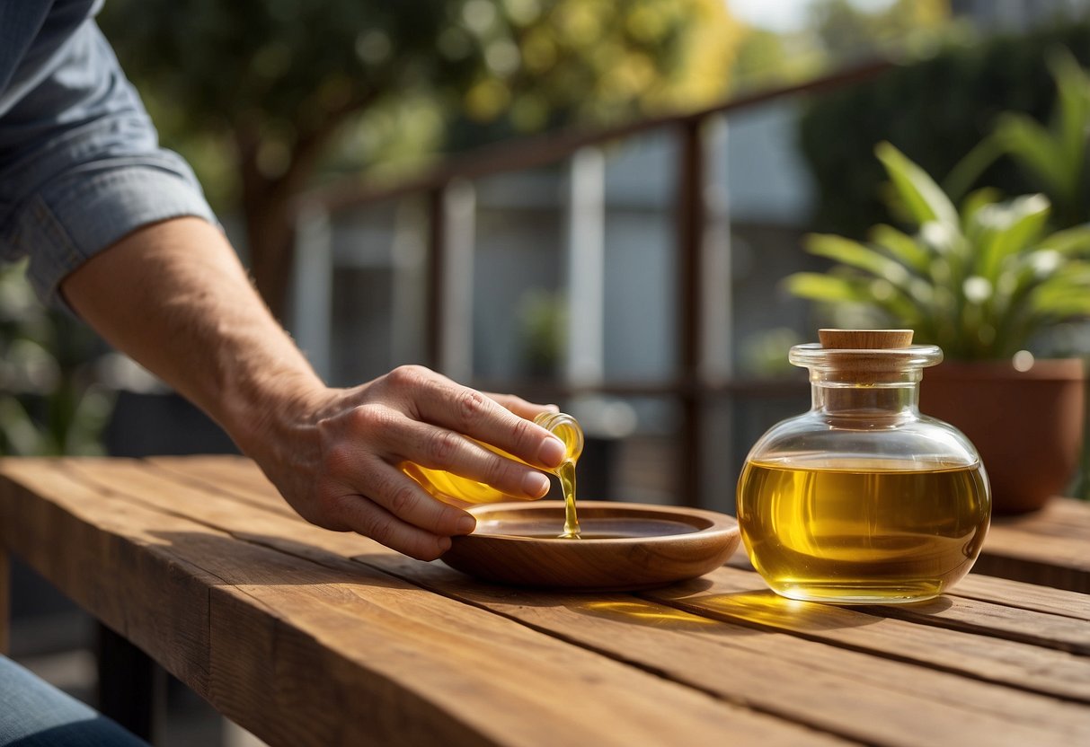 A person applies teak oil to a weathered teak bench, restoring its rich, golden color and protecting it from the elements