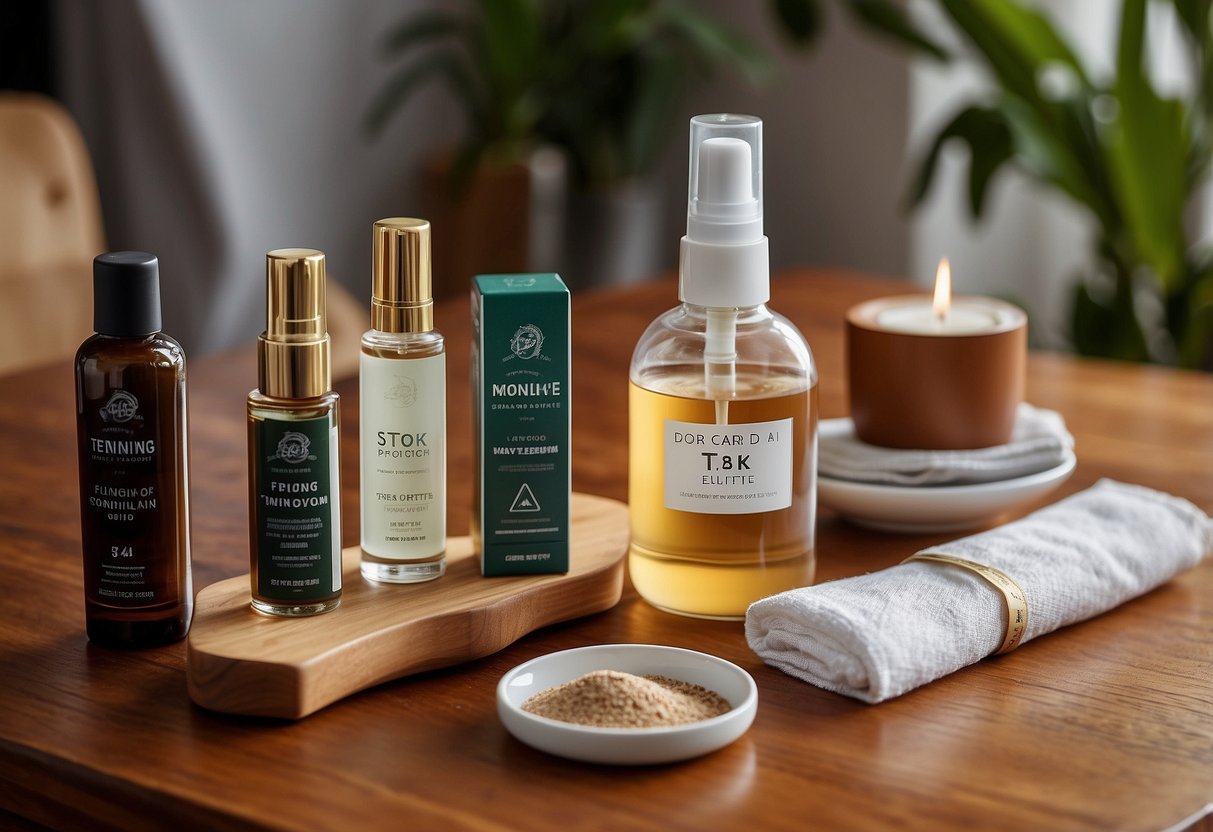 A teak wood furniture care guide with FAQs displayed on a polished wooden table, surrounded by various care products and a soft cloth