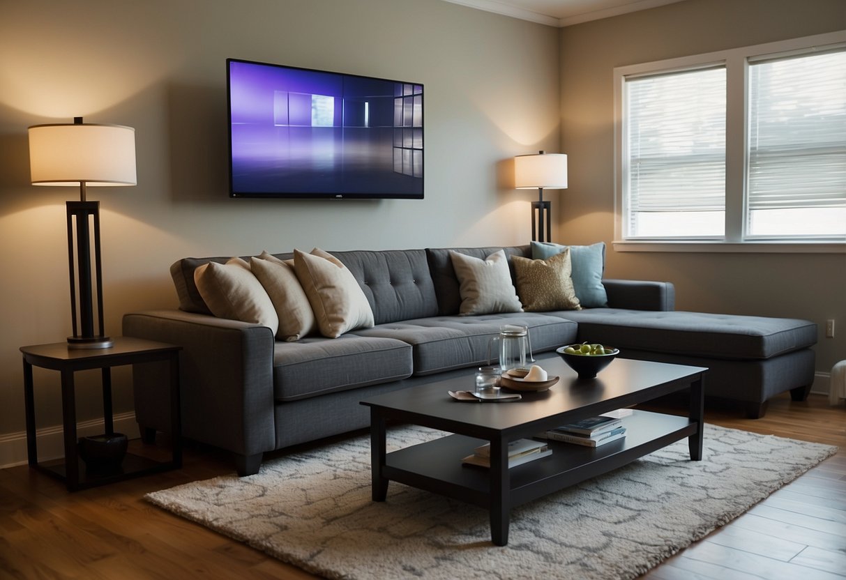 An L-shaped sofa sits against a wall, facing a TV stand. A coffee table sits in the center, with a matching armchair in the corner
