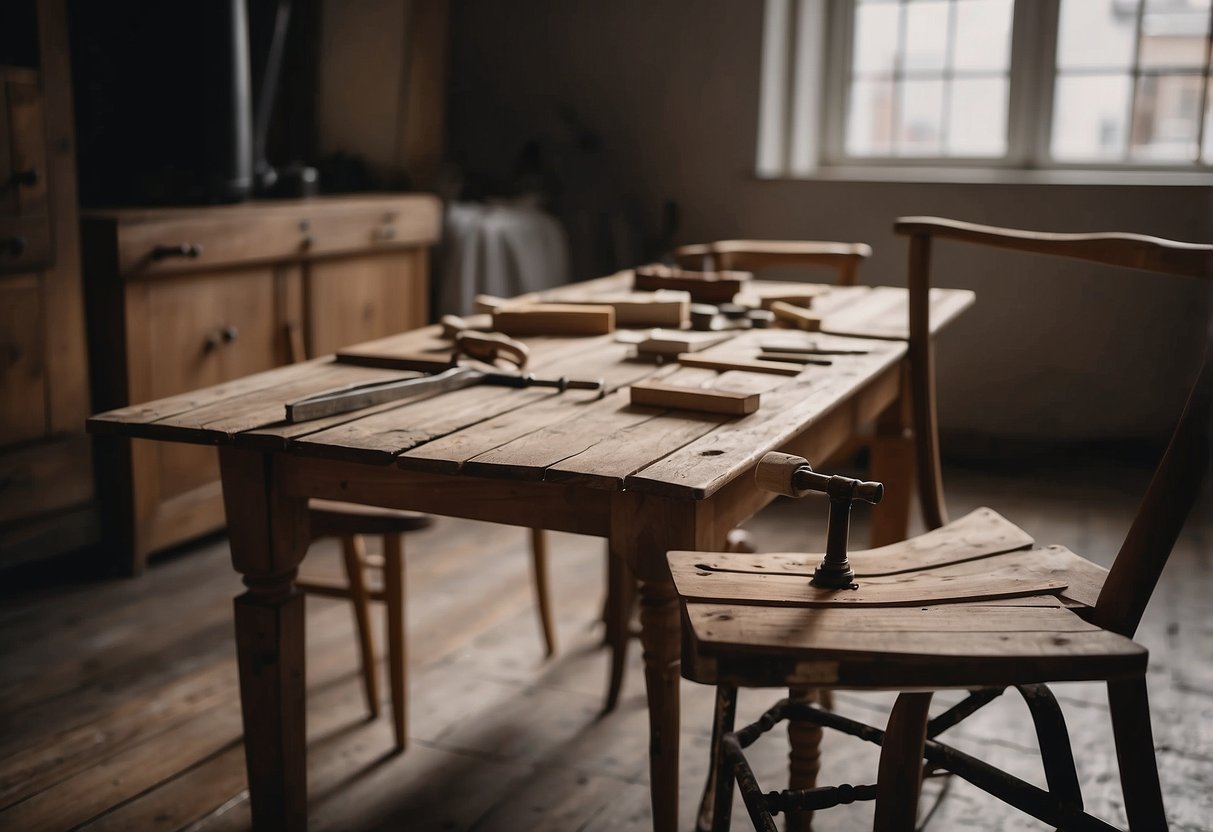 A table covered in various furniture stripping products and tools, with a chair and a stripped wooden piece nearby