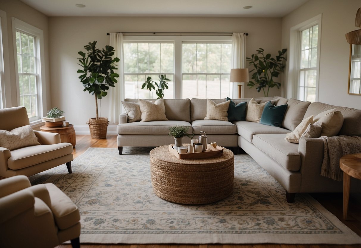 An L-shaped sofa sits in the center of a spacious living room, flanked by matching armchairs. A low coffee table and a soft rug complete the cozy, cohesive design