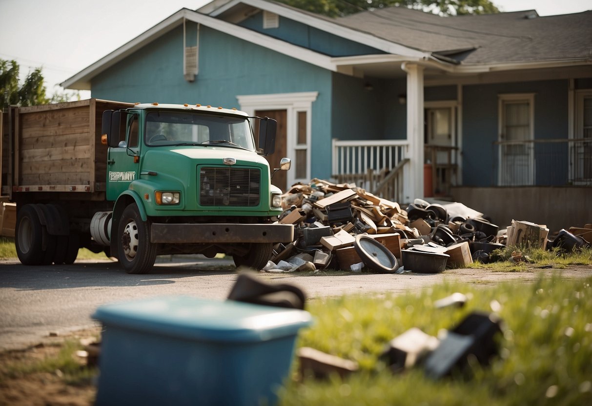 A pile of old furniture sits outside a house, with a "For disposal" sign. A garbage truck approaches in the background
