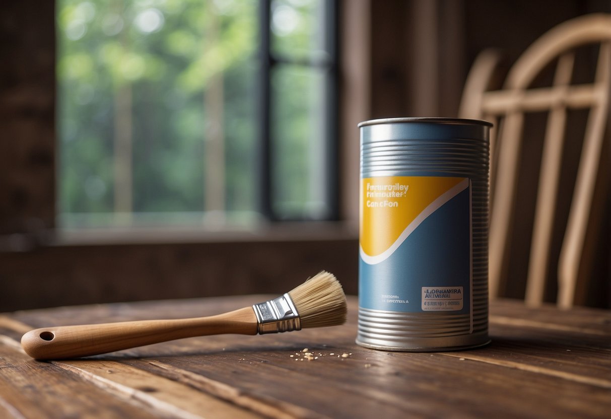 A can of furniture stripping product sits on a wooden table next to a paintbrush and a stripped wooden chair