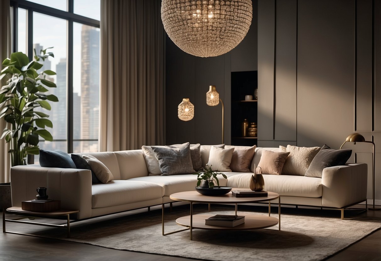 A modern living room with Kohler furniture, featuring a sleek sofa, elegant coffee table, and stylish lighting