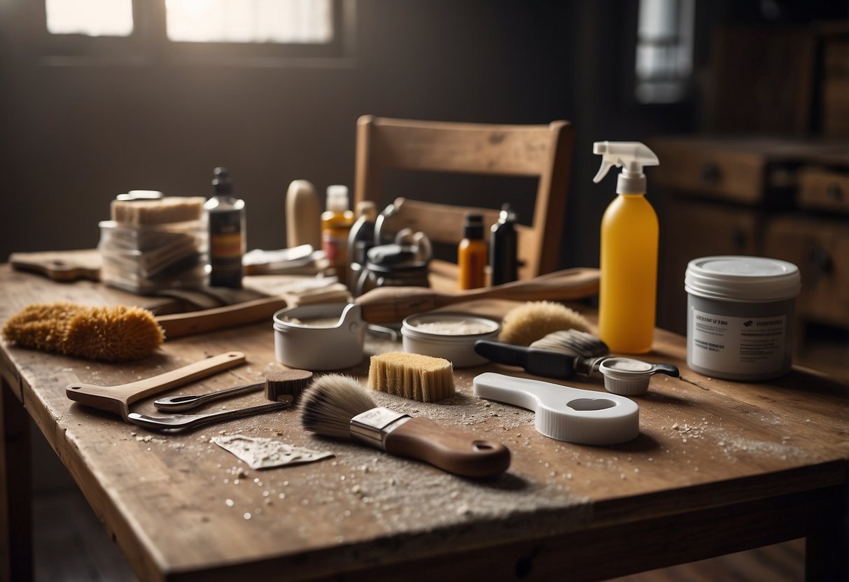 A table covered in various furniture stripping products and tools, including sandpaper, paint remover, and brushes, with a chair nearby for the user