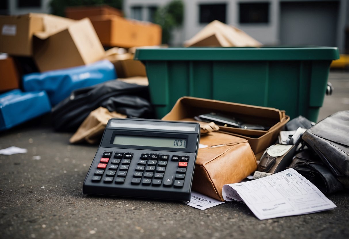 A pile of old furniture sits next to a dumpster, with a price tag and calculator nearby, depicting the cost of furniture disposal