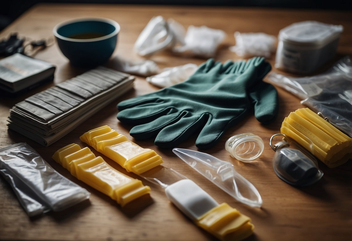 A table covered in various furniture stripping products, with labels and instructions visible. A pair of gloves and safety goggles nearby