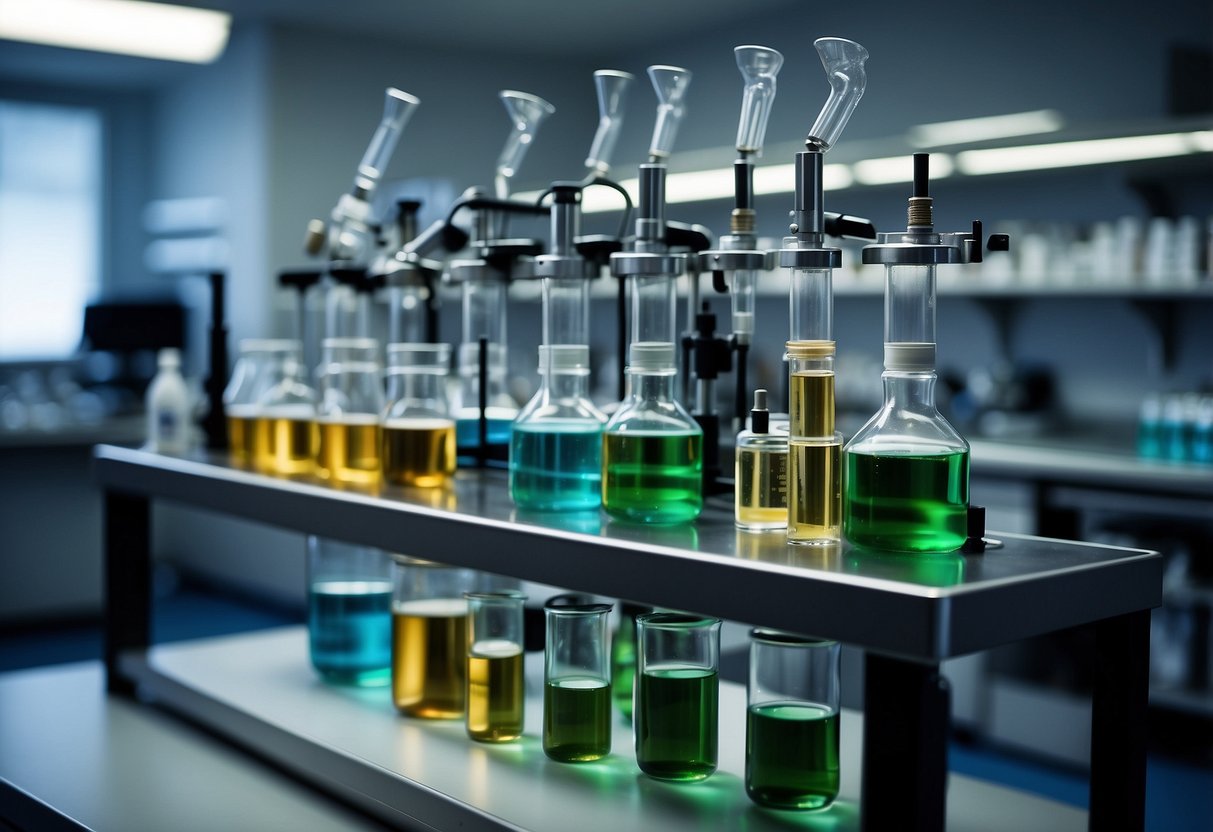 The science lab is filled with metal tables, glass beakers, and shelves of test tubes. A microscope sits on one table, while a Bunsen burner and various chemicals line the shelves