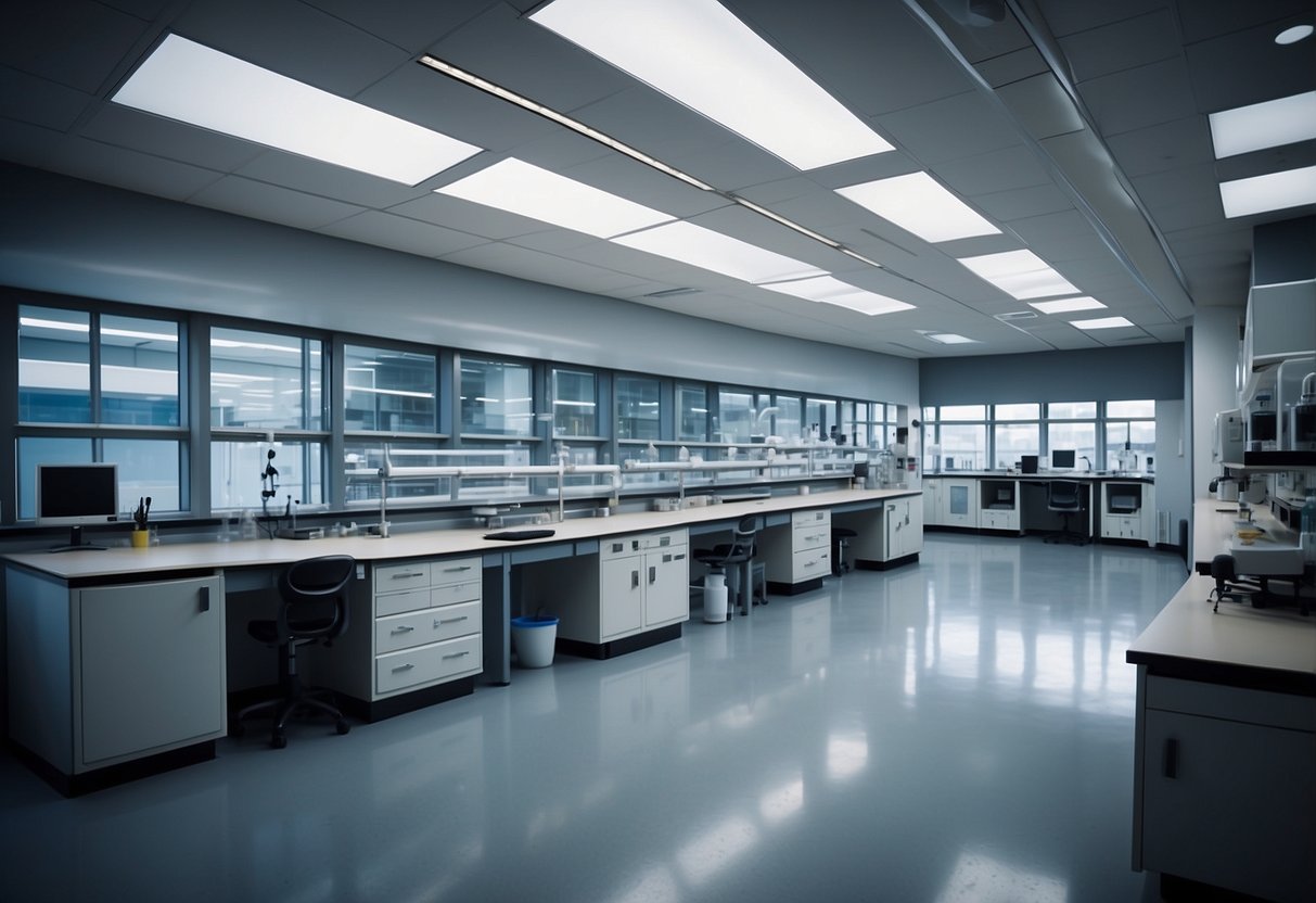 A spacious science lab with modern, sleek furniture including lab benches, storage cabinets, and ergonomic lab chairs. Bright lighting and ample space for equipment and experiments
