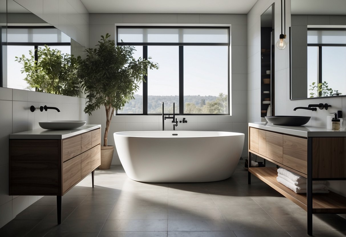 A modern bathroom with sleek Kohler furniture, featuring a freestanding bathtub, a minimalist vanity, and elegant fixtures