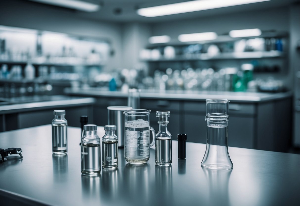 The lab is filled with stainless steel tables, adjustable stools, and glassware neatly arranged on shelves. Equipment such as microscopes, beakers, and test tubes are scattered across the countertops