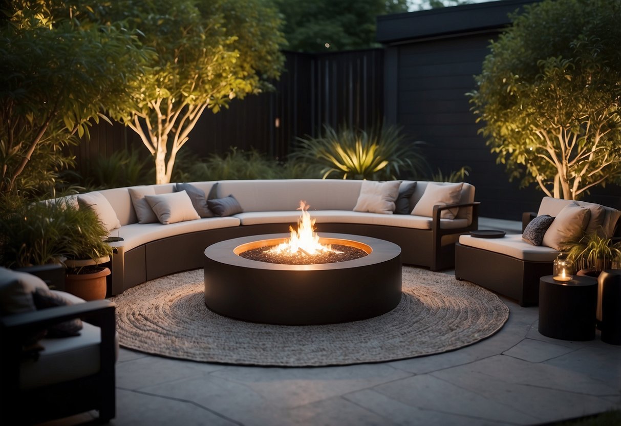 A serene garden setting with modern, sleek tribu outdoor furniture arranged around a central fire pit. Lush greenery and soft lighting create a tranquil atmosphere